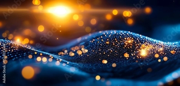 Fototapeta An abstract digital landscape featuring shimmering waves of blue and golden light, evoking a sense of depth and movement.