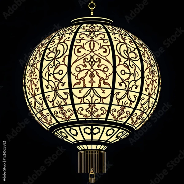 Fototapeta Line drawing of a Chinese lantern with an intricate traditional Chinese pattern (clouds, waves or flowers) incorporated into the negative space inside the lantern body.