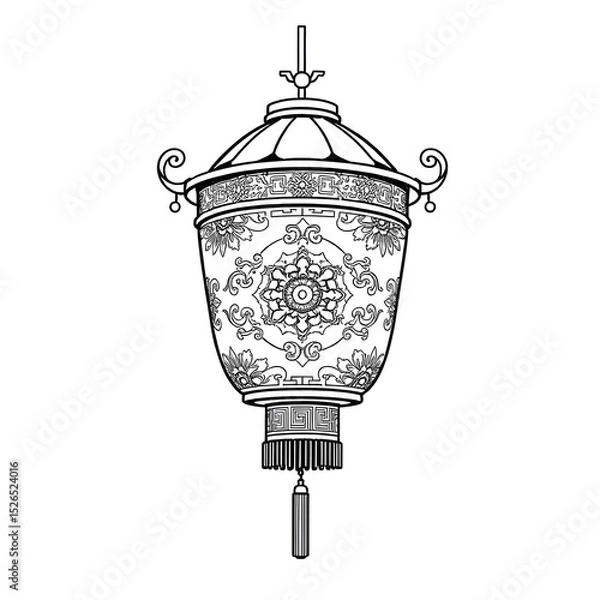 Fototapeta Line drawing of a Chinese lantern with an intricate traditional Chinese pattern (clouds, waves or flowers) incorporated into the negative space inside the lantern body.