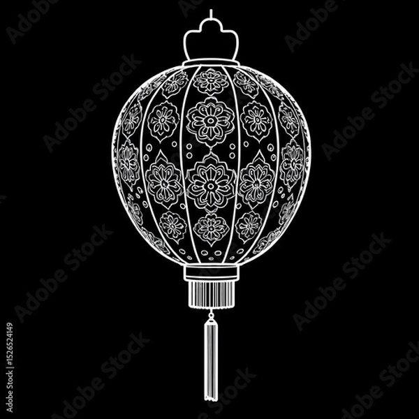 Fototapeta Line drawing of a Chinese lantern with an intricate traditional Chinese pattern (clouds, waves or flowers) incorporated into the negative space inside the lantern body.
