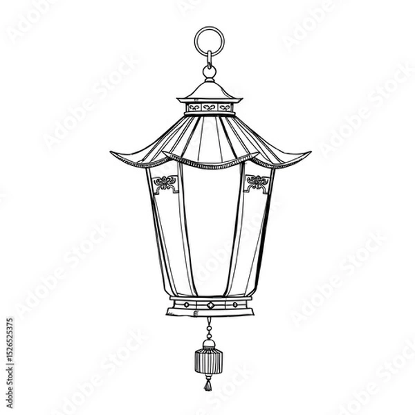 Fototapeta Line drawing of a Chinese lantern in the form of a frame. 