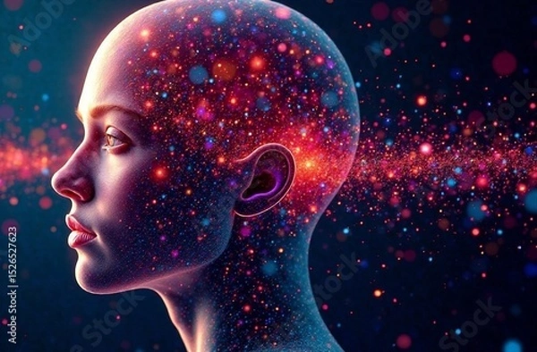 Fototapeta Colorful abstract representation of a human head with cosmic elements floating around in a dark environment