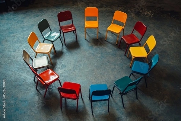 Fototapeta Colorful chairs circle arrangement meeting collaboration teamwork discussion group therapy concept