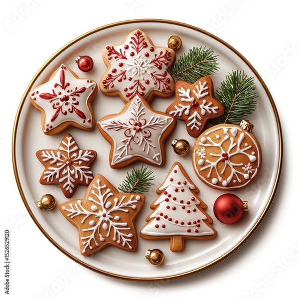 Fototapeta A Christmas cookie tray with assorted cookies (stars, trees, bells), 3D top view, warm baked texture. ultra realistic photography, soft shadows, high detail, pure white background