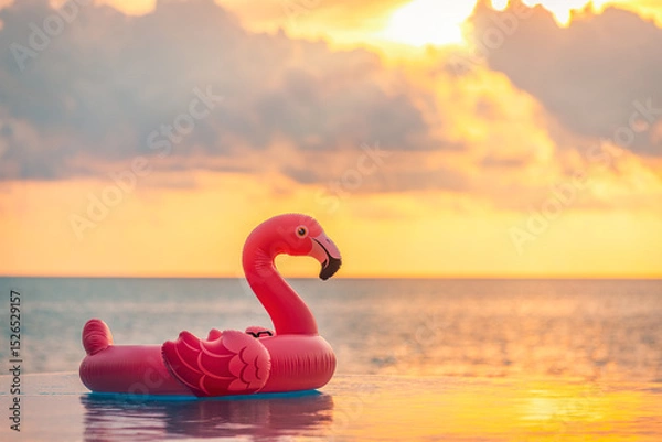 Fototapeta Playful summer pool scene sunset pink flamingo inflatable sea view. Fun happy vacation vibes perfect for tropical relaxation colorful water background. Joyful beach travel tourism decoration copyspace