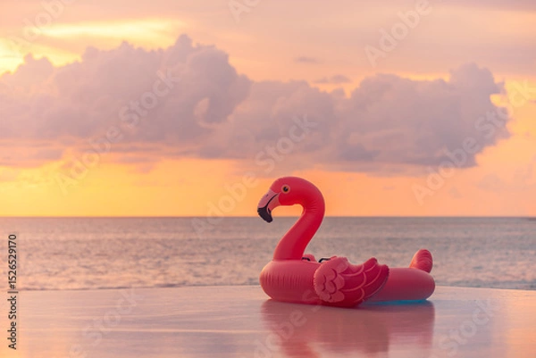 Fototapeta Playful summer pool scene sunset pink flamingo inflatable sea view. Fun happy vacation vibes perfect for tropical relaxation colorful water background. Joyful beach travel tourism decoration copyspace