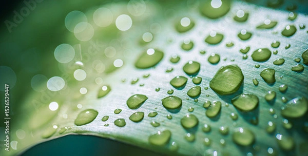 Fototapeta Closeup drops of dew in morning glow sunshine. Beautiful green leaf, nature background texture. Soft blue green pastel colors relaxing bright peaceful rain drops macro foliage. Natural plant lush