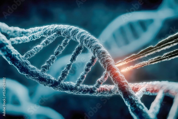 Fototapeta DNA double helix structure with glowing elements and scientific instruments in a laboratory setting
