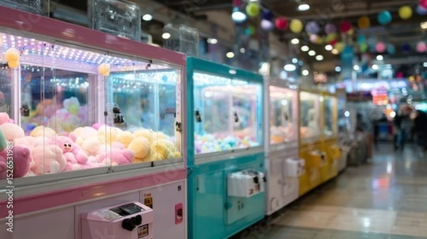 Obraz Lowangle shot of vibrant retro arcade claw machines glowing with colorful led lights in a lively game hall, creating an exciting and immersive atmosphere with blurred background