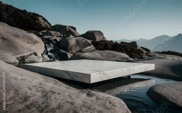 Fototapeta Nature backround for product placement, 3D waterfall landscape mockup backdrop for product and cosmetic presentation, backdrop photo for package or packaging box container