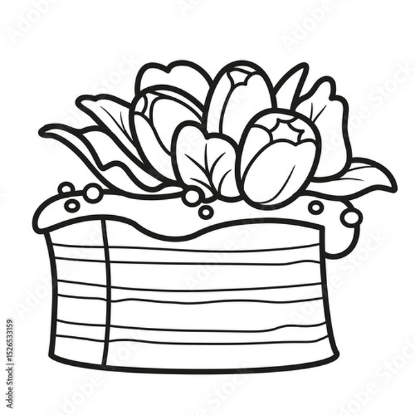 Obraz Biscuit cake decorated with cream flowers outlined for coloring page on a white background