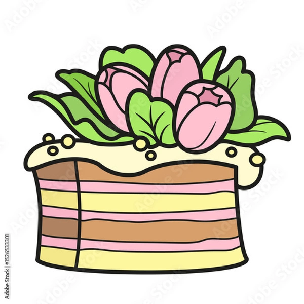 Obraz Biscuit cake decorated with cream flowers on a white background