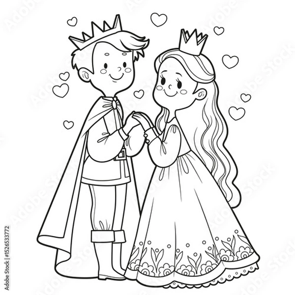 Obraz Cartoon characters in love Prince and princess standing holding hands