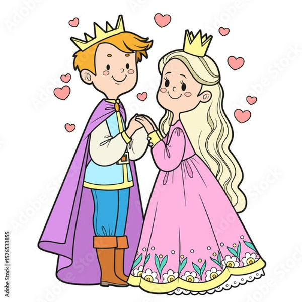 Obraz Cartoon characters in love Prince and princess standing holding hands on white background