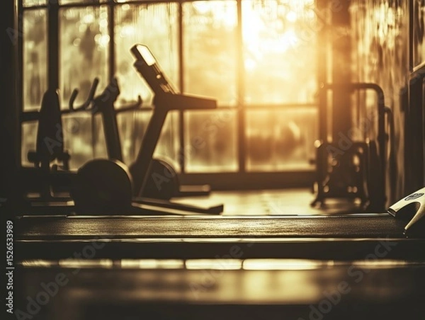 Fototapeta dimly lit gym interior with various equipment, including treadmills and weights. The lighting creates a warm, inviting atmosphere, suggesting a quiet moment in the gym.