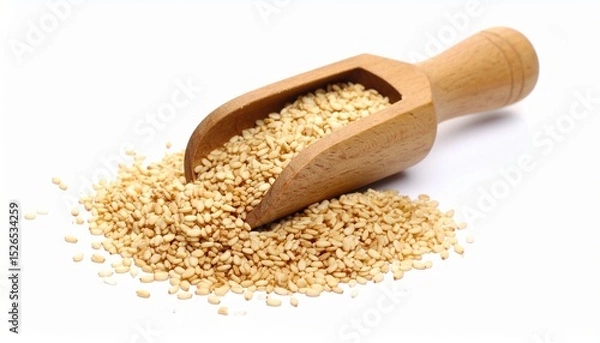 Fototapeta Golden sesame seeds spilling gracefully from a wooden scoop on a white surface