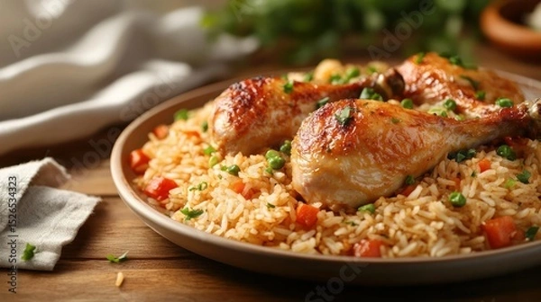 Fototapeta Delicious roasted chicken drumsticks served over flavorful seasoned rice with vegetables on a rustic wooden table for a hearty home-cooked meal experience