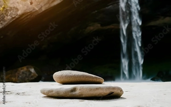 Fototapeta Nature backround for product placement, 3D waterfall landscape mockup backdrop for product and cosmetic presentation, backdrop photo for package or packaging box container