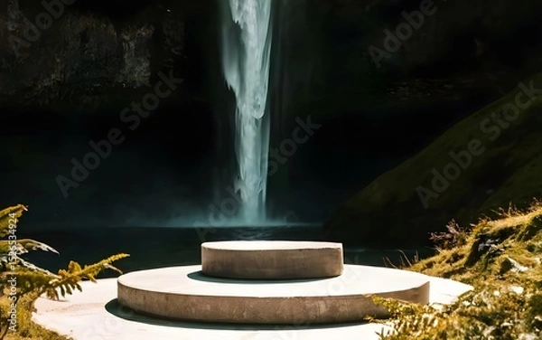 Fototapeta Nature backround for product placement, 3D waterfall landscape mockup backdrop for product and cosmetic presentation, backdrop photo for package or packaging box container