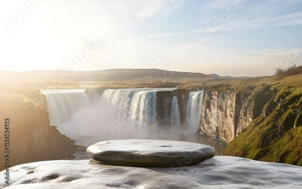 Fototapeta Nature backround for product placement, 3D waterfall landscape mockup backdrop for product and cosmetic presentation, backdrop photo for package or packaging box container