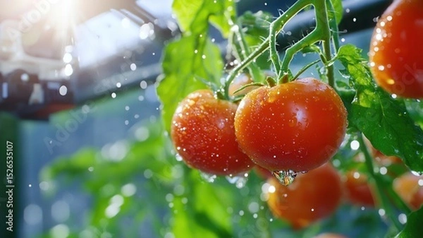 Fototapeta Vibrant red tomatoes in sunlit garden with fresh dew drops and green leaves signifying organic farming and natural agriculture evolution. Robotics and automation
