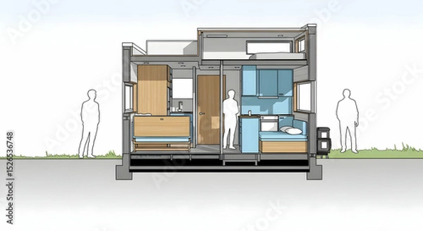 Fototapeta Innovative Sectional View Demonstrating Space Efficient Compact Living Home Design