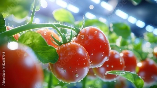 Fototapeta Vibrant red tomatoes in a sunlit greenhouse with dewy freshness highlighting farm-to-table agriculture and sustainable growth practices. Robotics and automation