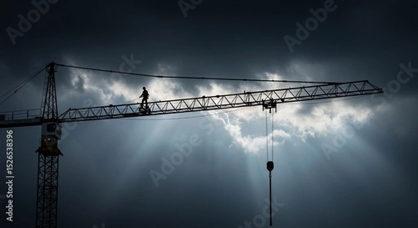 Fototapeta Silhouette of a Construction Worker on a Crane Against a Dramatic Sky