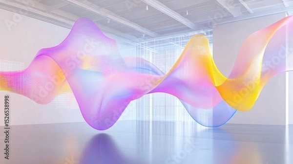 Fototapeta Vivid abstract light installation exhibited in a contemporary gallery featuring swirling rainbow patterns and hues in a spacious modern setting. Robotics and automation