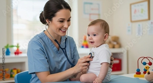 Fototapeta Smiling pediatrician examining a baby with a stethoscope in a bright, cheerful office.