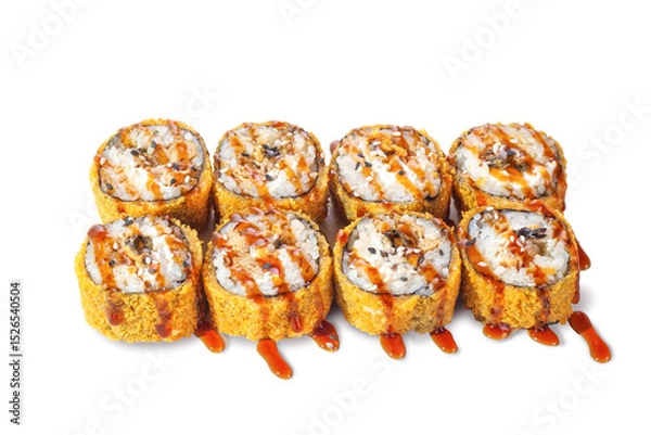 Fototapeta Eight crispy deep-fried sushi rolls drizzled with sweet teriyaki sauce and sprinkled with sesame seeds. Asian fusion dish isolated on white background, perfect for food delivery or advertising