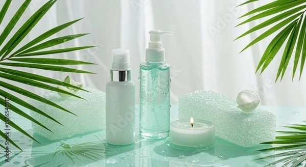 Fototapeta Spa scene with cosmetic bottles, candle, palm leaves, and water droplets on a light green surface.