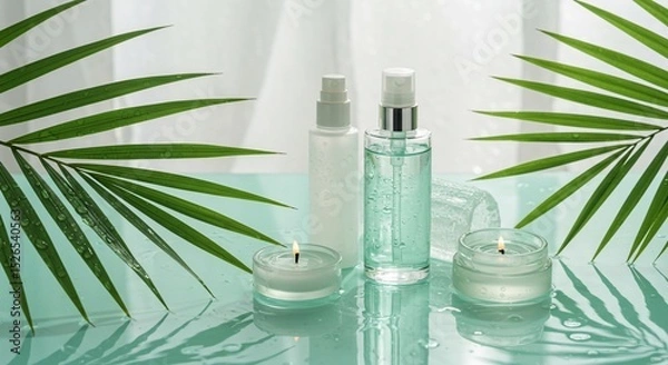 Fototapeta Spa serenity: Palm fronds, candles, and skincare bottles on a reflective surface