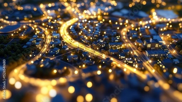 Fototapeta Vibrant aerial view of urban nightscape with illuminated roads and buildings creating a stunning golden glow across the city. Robotics and automation