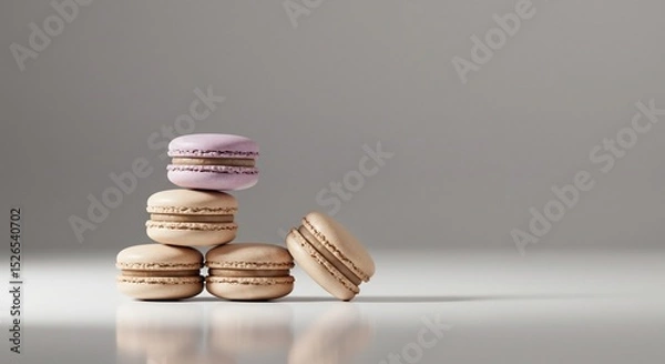 Fototapeta Stacked Macarons with Lavender Topping and Leaning Cookie on White Surface