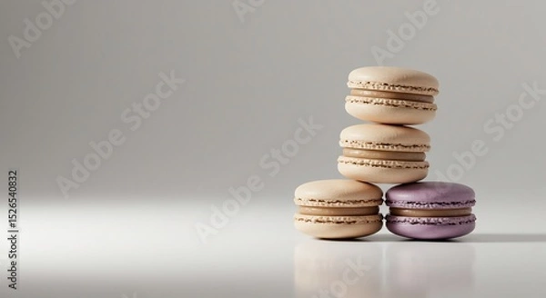 Fototapeta Stacked pastel macarons with caramel filling on a reflective surface