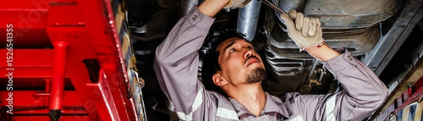 Fototapeta Auto mechanic in gray uniform tightening components under a raised car in a repair shop, performing hands-on maintenance with a wrench during routine vehicle inspection and mechanical servicing.
