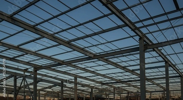 Fototapeta Steel framework of a building under construction against a twilight sky