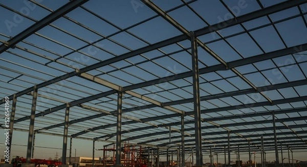 Fototapeta Steel framework of a building under construction against a clear blue sky