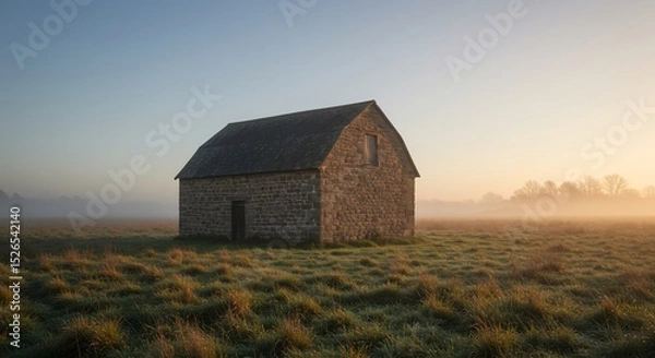 Fototapeta Stone Barn in Misty Field at Dawn, Rural Landscape with Golden Light