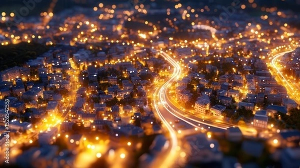 Fototapeta Captivating night cityscape with glowing golden lights over urban streets creating a dreamlike ambience and illustrating city life at night. Robotics and automation