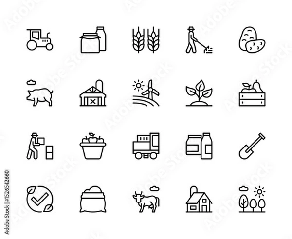 Fototapeta Agriculture related vector linear icons set. Contains such icons as agriculture, agro, farm, farmer, harvest, livestock and more.