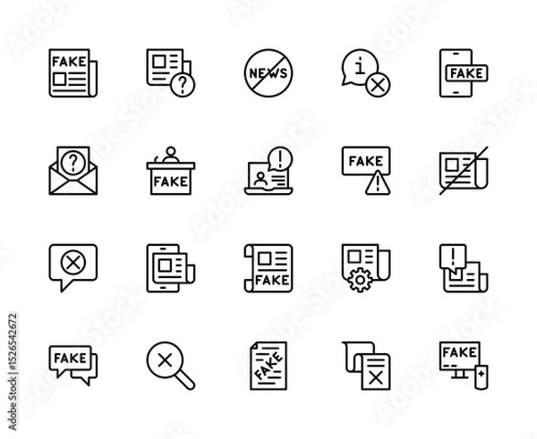 Fototapeta Fake News related vector linear icons set. Contains such icons as facts, propaganda, clickbait, rumors, internet hoax and more.