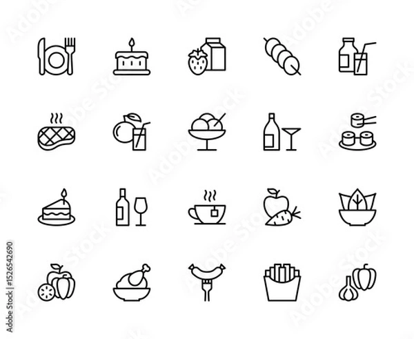 Fototapeta Meal related vector linear icons set. Contains such icons as plate, cake, juice, shashlik, steak and more.