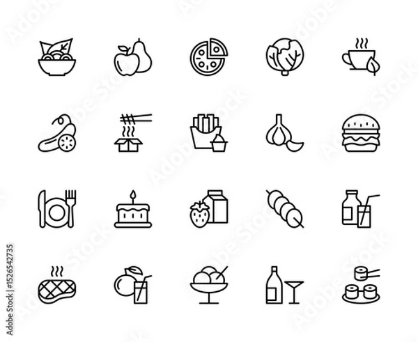 Fototapeta Meal related vector linear icons set. Contains such icons as salad, apple, pear, pizza, coffee, tea and more.