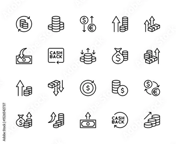Fototapeta Money movement related vector linear icons set. Contains such icons as money, transfer, cash, flow, finance, payment and more.