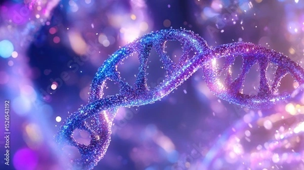 Fototapeta Vibrant dna helix in a dreamlike cosmic setting decked in purple hues reflecting scientific exploration and molecular wonder. Robotics and automation