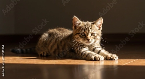 Fototapeta Tabby kitten lounging in sunlight on a wood floor, looking directly at the camera.
