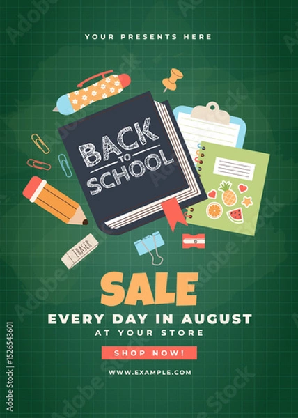Fototapeta Back to School banner with typography and school supplies elements. Vector design template for poster, card, sale, party invitation, flyer.