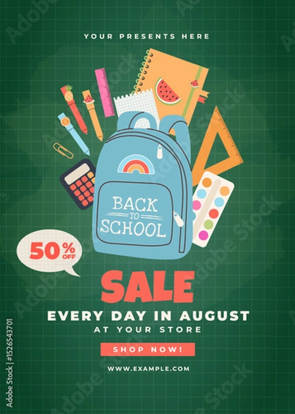 Fototapeta Back to School banner with typography and school supplies elements. Vector design template for poster, card, sale, party invitation, flyer.